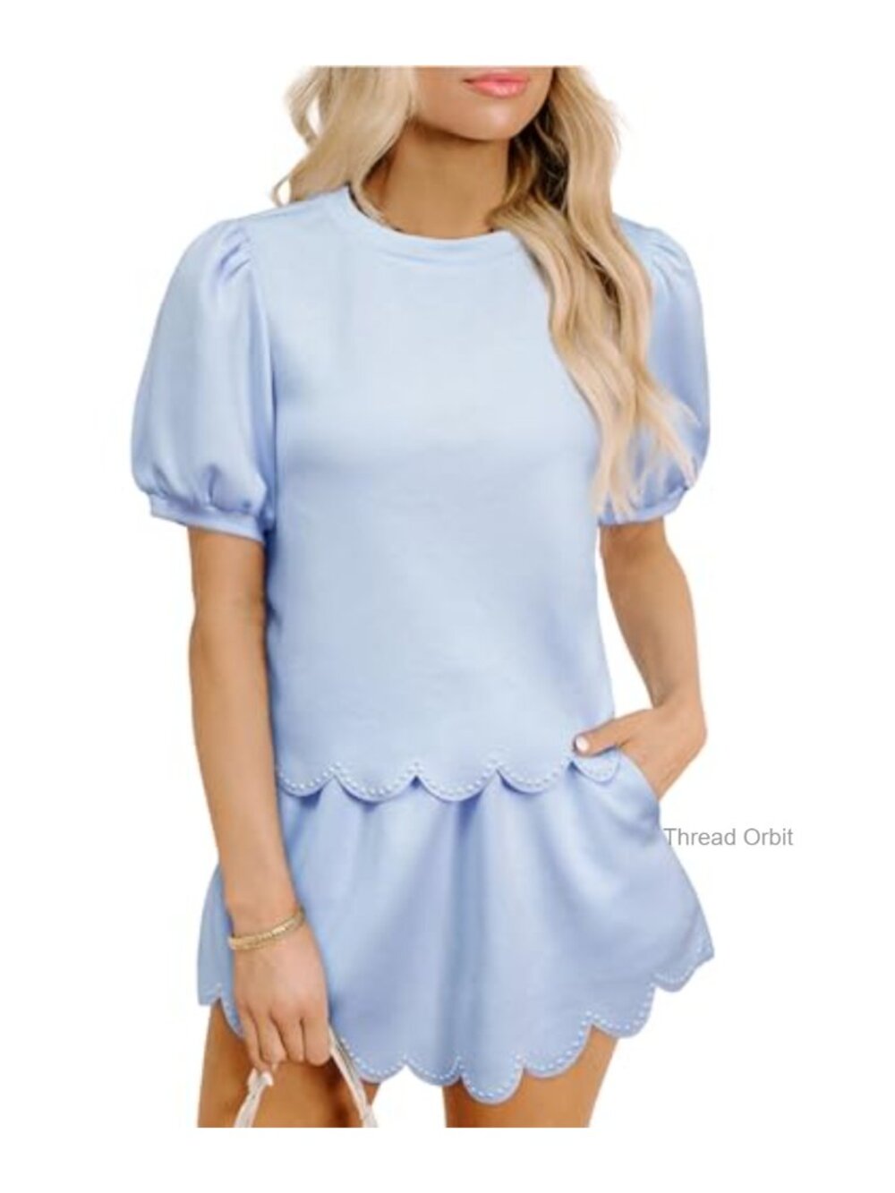 2 Piece Skirt Set Puff Sleeve Pearl Scalloped Trim Skort Shorts Lounge